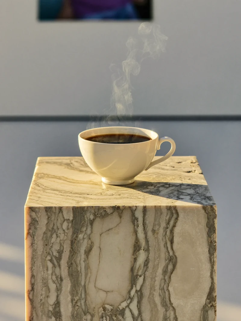 Eine Tasse schwarzer Kaffee mit Dampf auf einem hellen Steinsockel vor weißer Wand