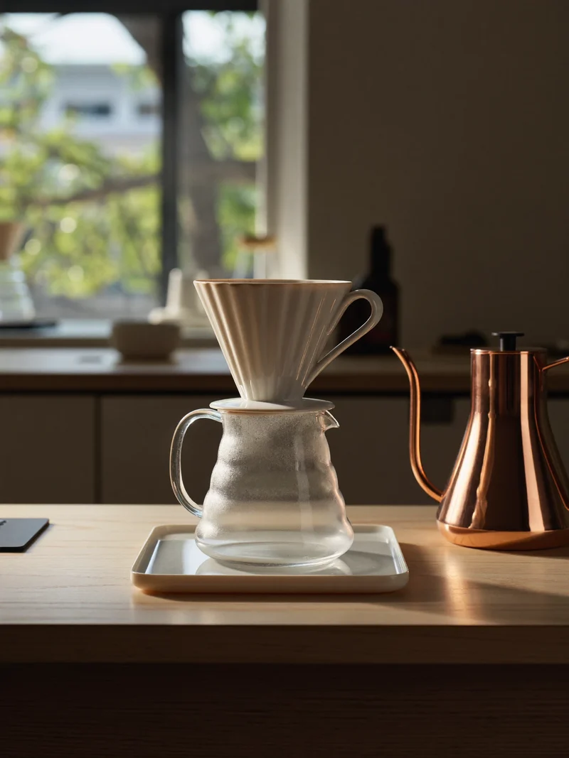 Handaufguss-Set mit Keramikfilter, Glaskanne und Schwanenhalskessel auf einer Holzarbeitsfläche