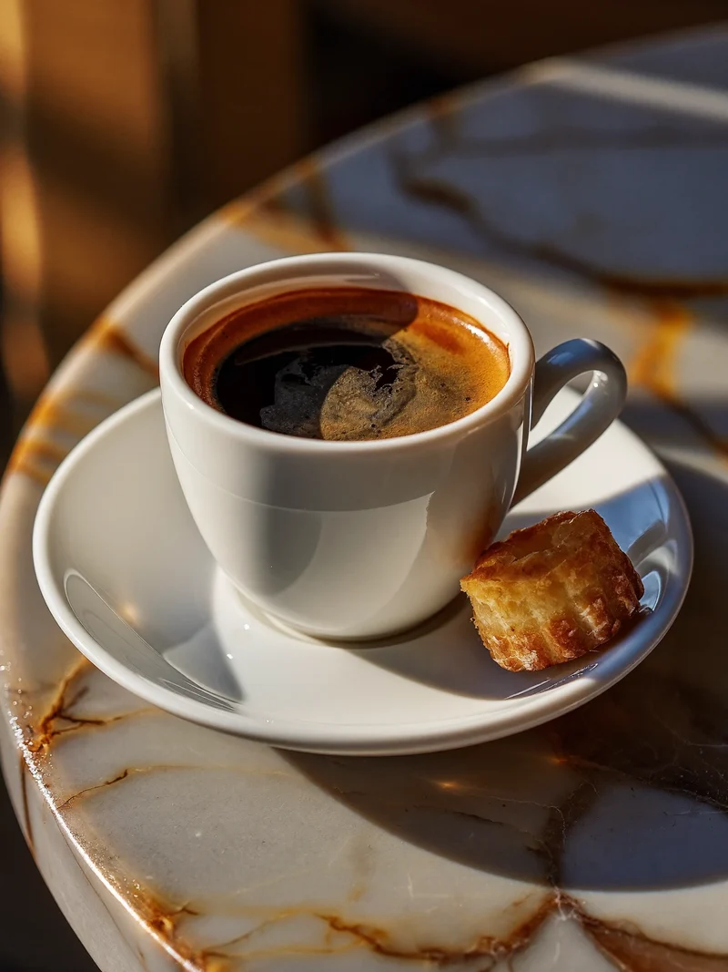 Espresso mit goldener Crema neben einem kleinen Buttergebäck auf Marmor